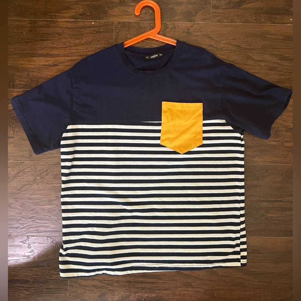 SHEIN Blue & White Striped Yellow Pocket Tee Small